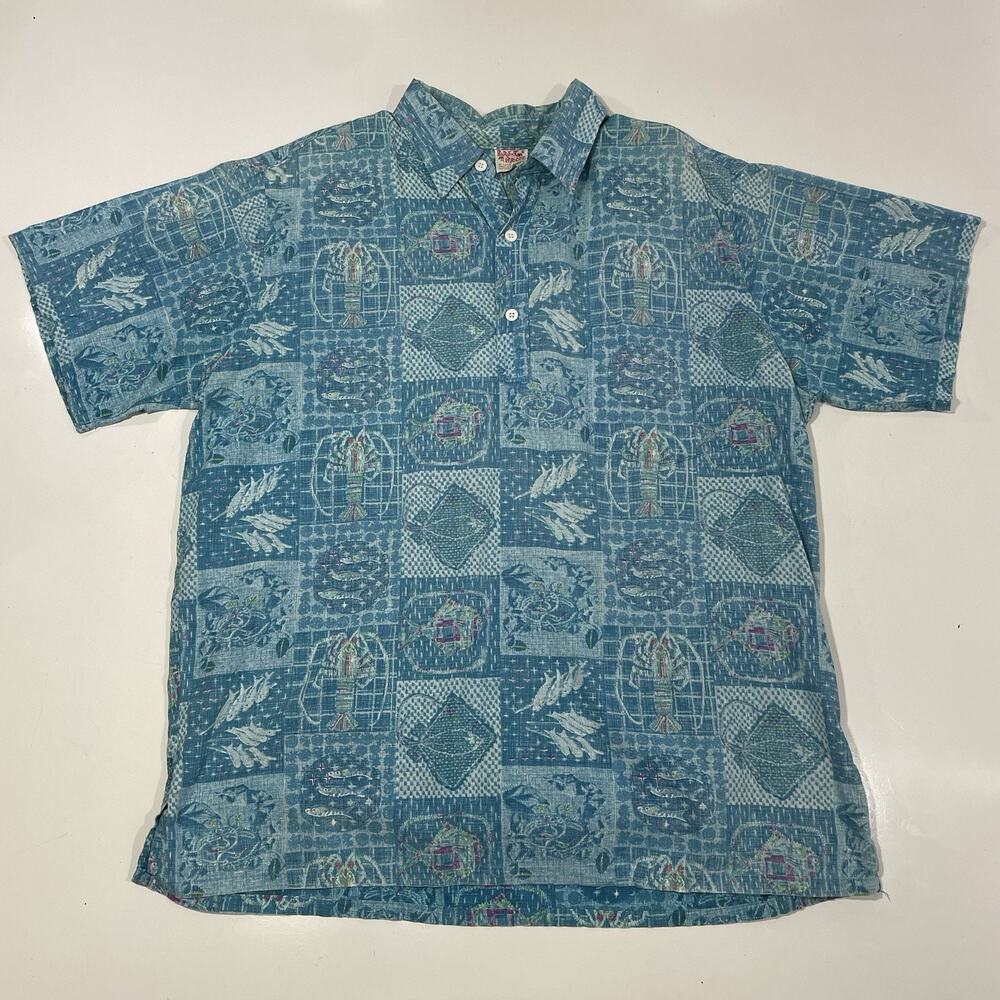 Barefoot In Paradise Blue Hawaiian Button Shirt Fish Lobster Ray All Over XL USA